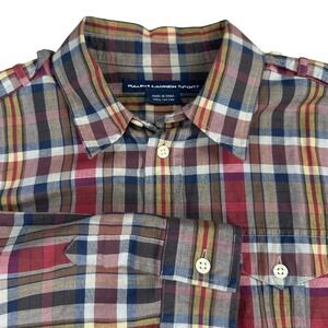 Ralph‎ Lauren Sport Plaid Button Down Shirt Women Size 4 Roll Sleeve Tab Cotton